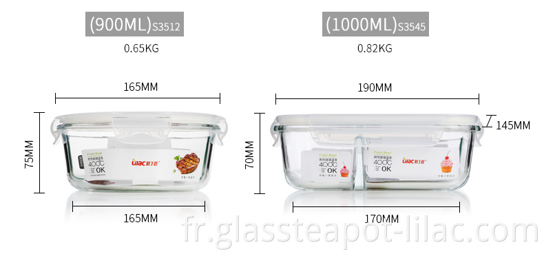 Échantillon GRATUIT lilas 900 ml/1000 ml maisons résistant aux micro-ondes thermique isolé à chaud verre clair étanche à l'air 3 compartiments récipient alimentaire